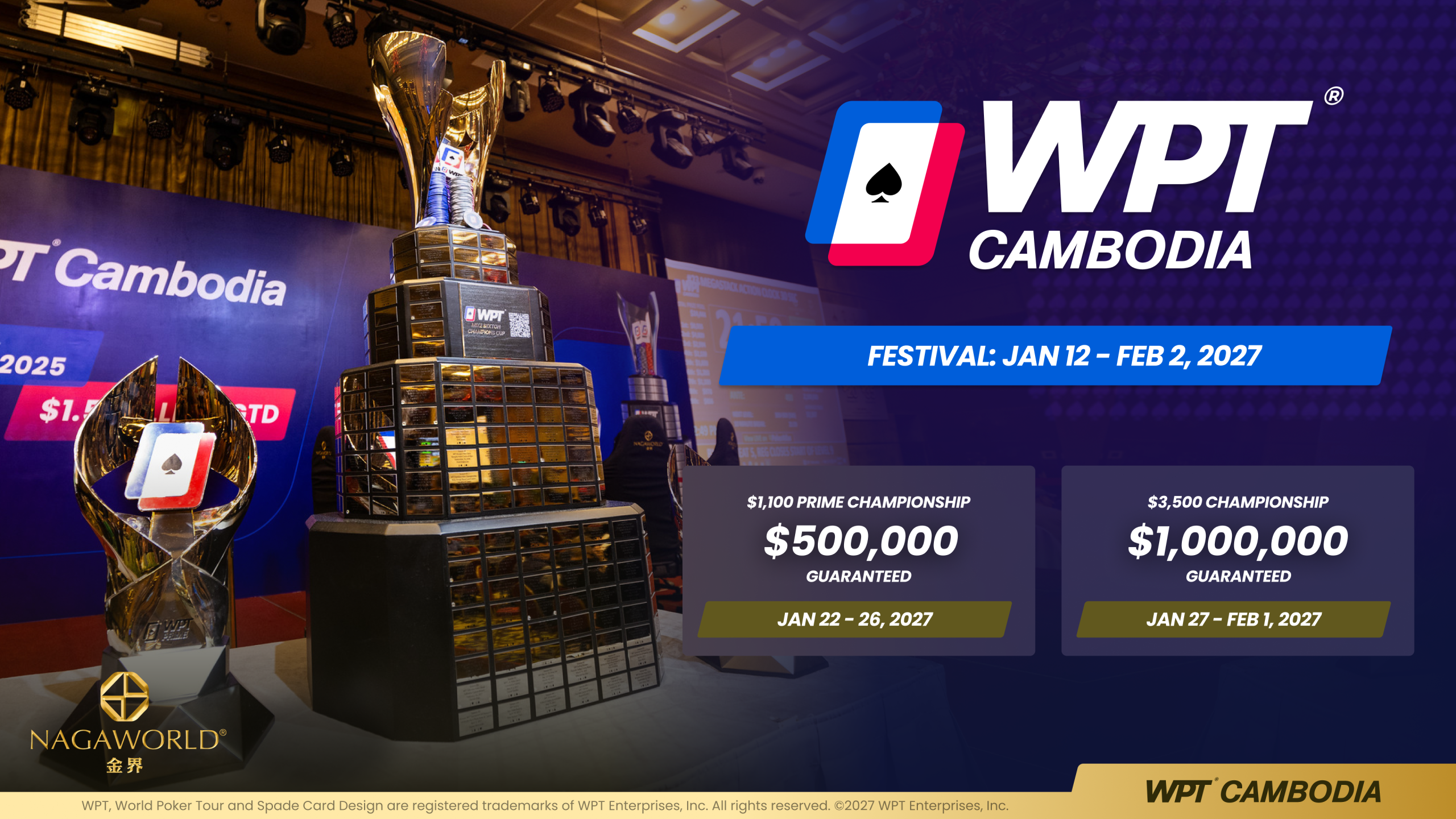 PrimeとChampionshipの開催日程を掲載したWPT Cambodia 2027公式告知画像